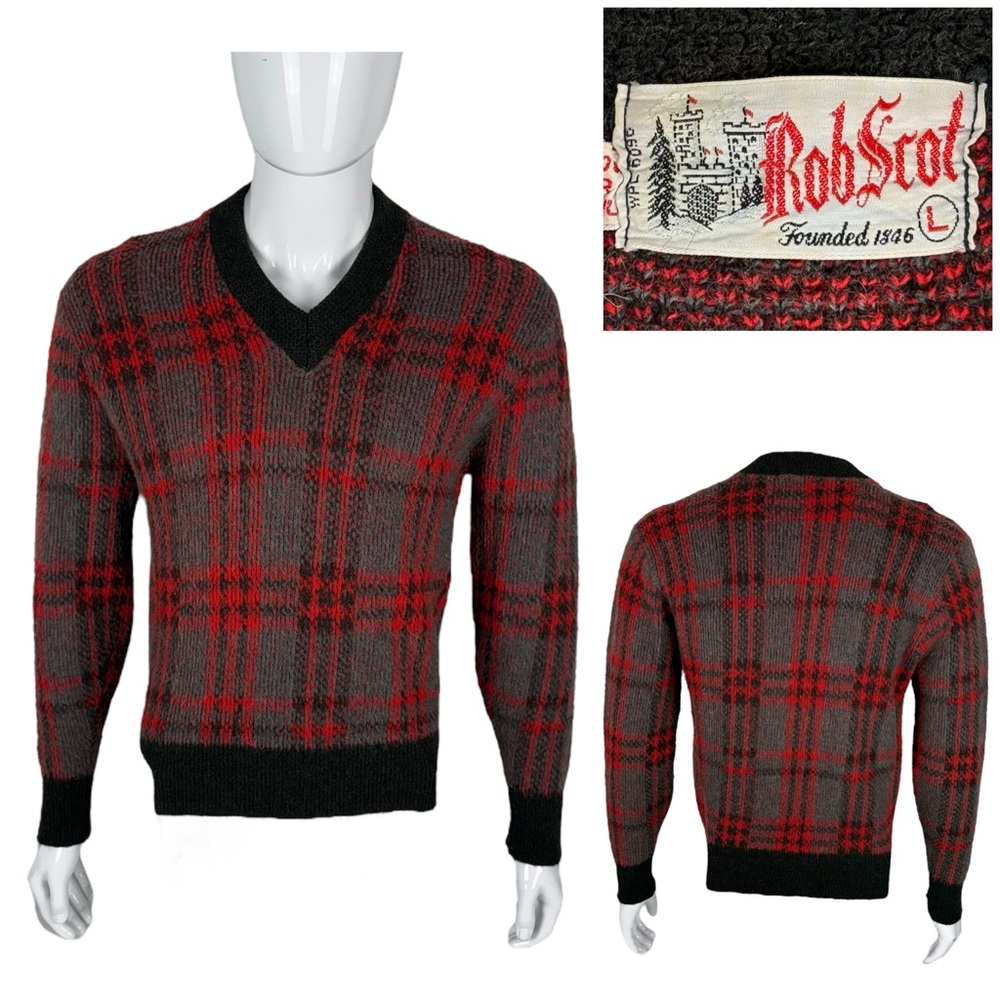 Rob Scot Mens Large Sweater V Neck Red Lambswool Mohair Plaid Vintage Casual